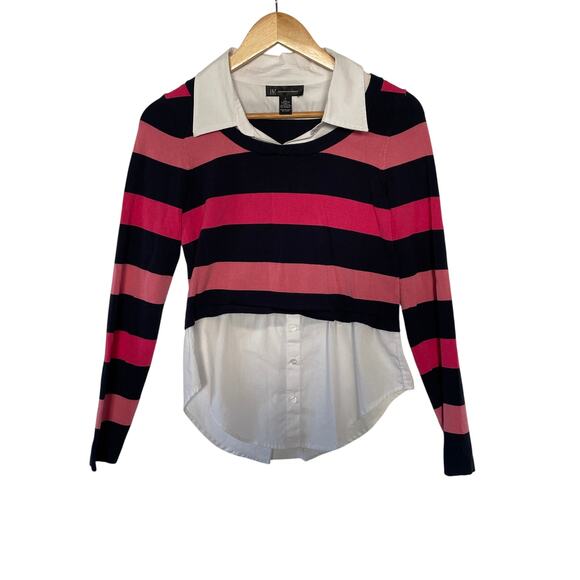 INC Womens Layered Striped Shirt Collared Preppy Casual Rugby Twee Work Small - Picture 1 of 6